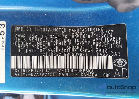 2008 Toyota Corolla S z USA, uszkodzony, nr VIN 2T1BR32E88C902874